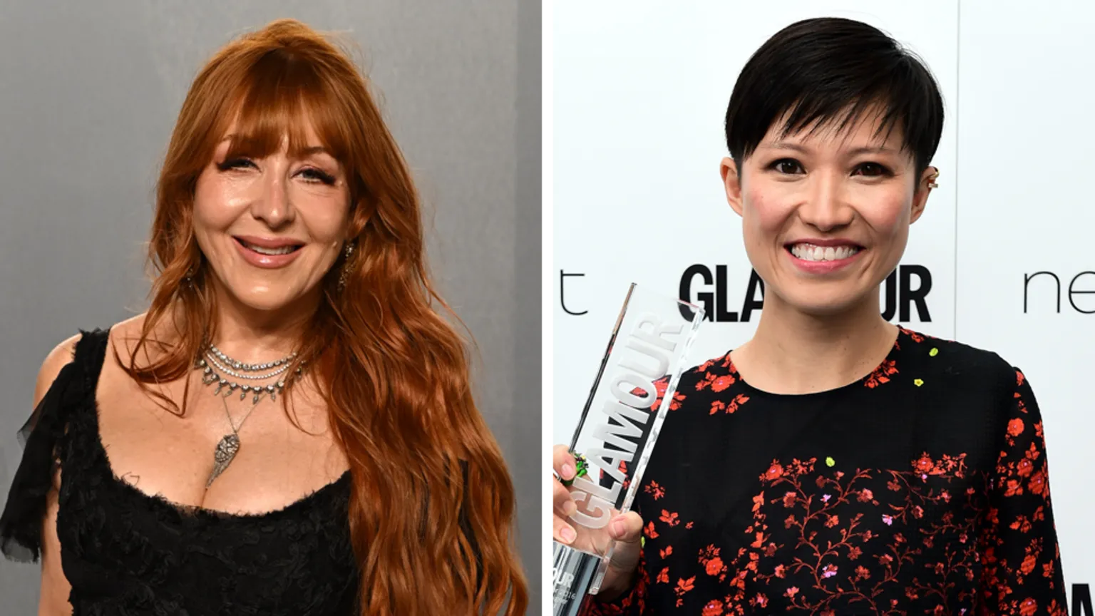  Two portrait photographs shown side by side. The left shows Tilbury with long red hair wearing a black sleeveless top and layered silver necklaces. The right image shows Choi with short dark hair holding a glass award, wearing a black top with a red floral pattern.