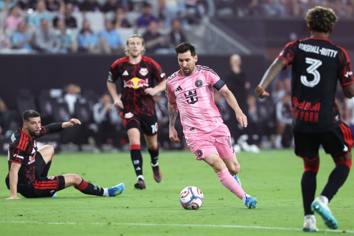 Inter Miami forward Lionel Messi works his way through the New York Red Bulls defense.