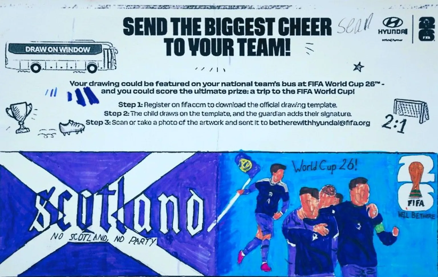 Sean McIntosh A drawing of Scotland players celebrating a win along with a Saltire with the words Scotland - No Scotland, No Party