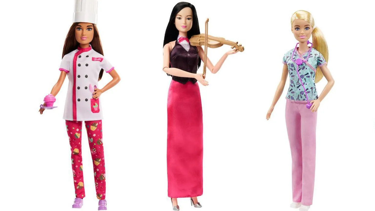 Mattel Inc Three fashion dolls displayed against a plain background, each representing different professions: one dressed as a chef wearing a white coat, tall hat, and patterned pink pants holding a cupcake; one dressed in a long pink gown holding a violin; and one dressed as a healthcare worker wearing scrubs with a stethoscope.