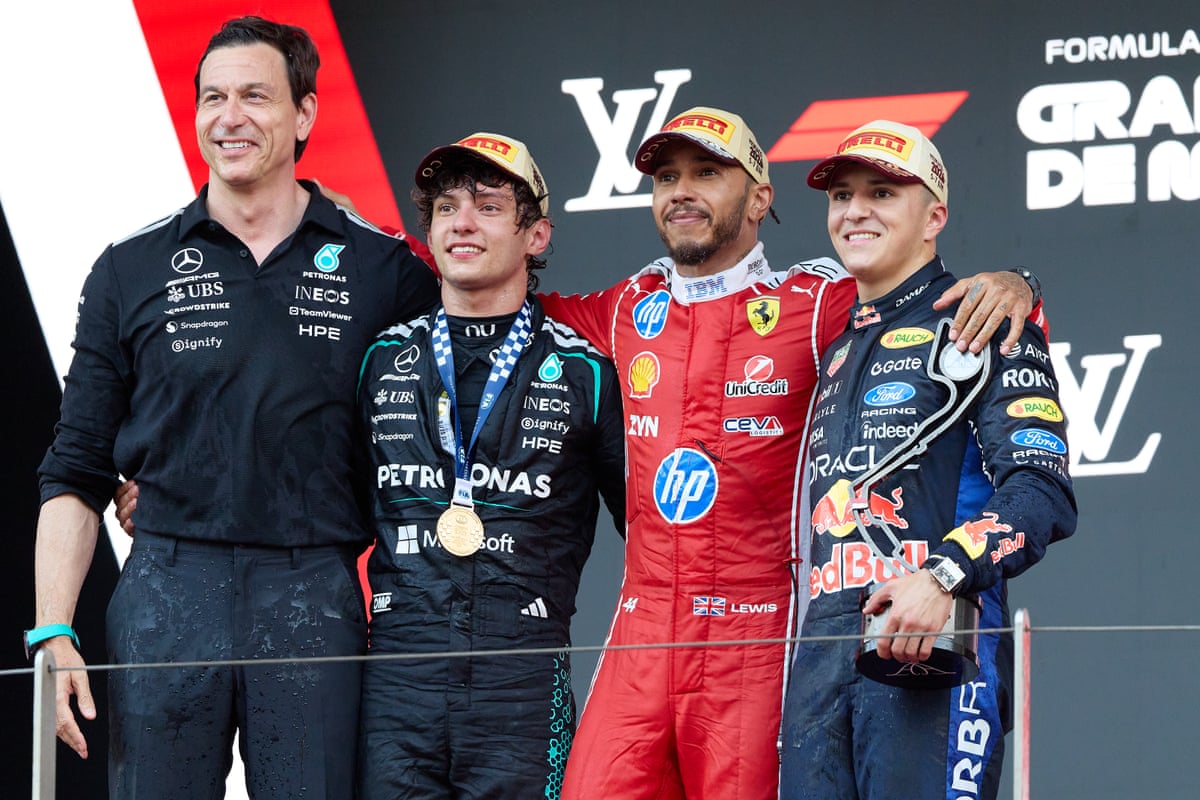 Toto Wolff, Kimi Antonelli, Lewis Hamilton and Isack Hadjar after the Monaco Grand Prix