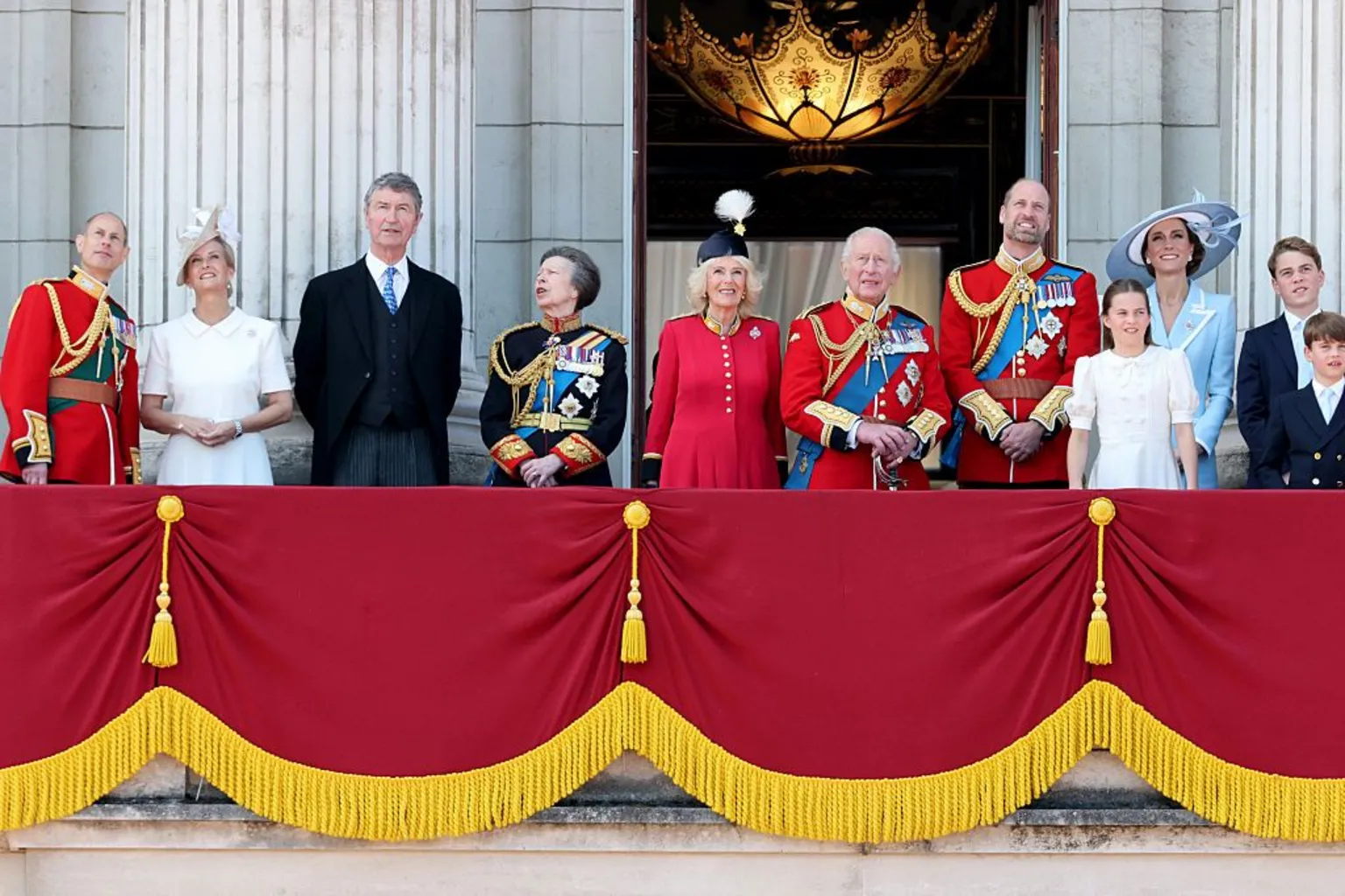 Prince Edward, Duke of Edinburgh, Sophie, Duchess of Edinburgh, Vice Admiral Sir Timothy Laurence, Princess Anne, Princess Royal, Queen Camilla, King Charles III, Prince William, Prince of Wales, Princess Charlotte of Wales, Catherine, Princess of Wales, Prince George of Wales and Prince Louis of Wales on the balcony of Buckingham Palace