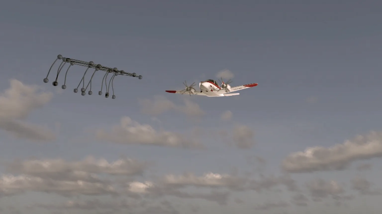 Ben Debuse/BBC A computer-generated image shows a red and white light aircraft approaching a black rack-like structure featuring black balls connected by thin rods. It resembles a toast rack. Behind the aircraft is a blue sky with white and grey clouds.