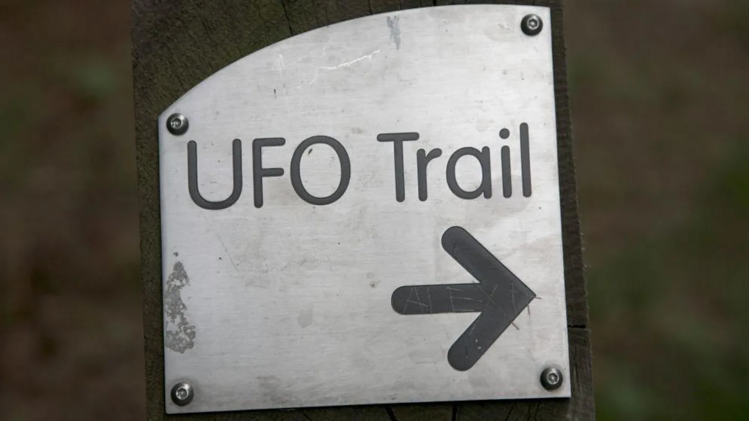 A silver metal sign screwed to a wooden post reads