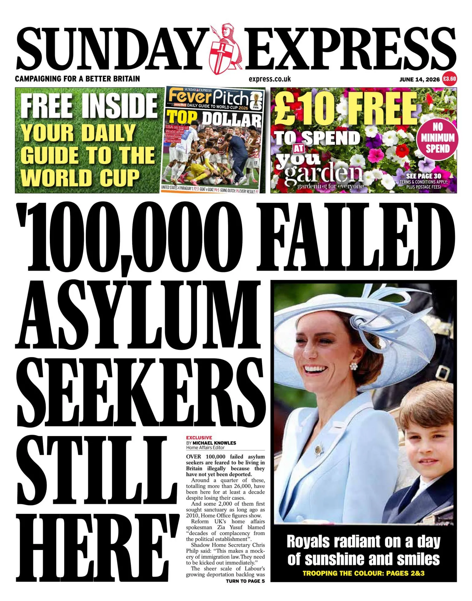 The headline on the front page of the Sunday Express reads: 