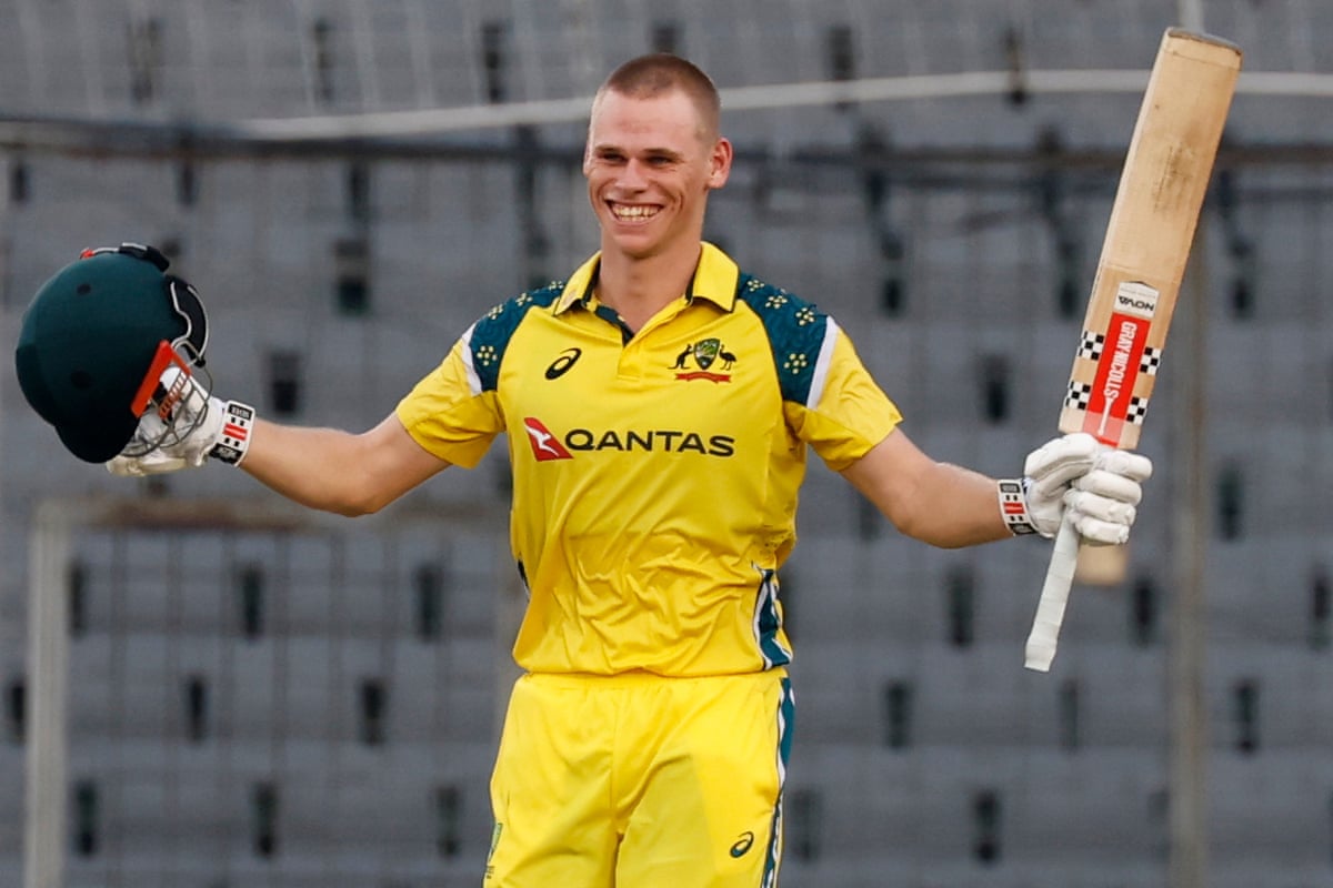 Cooper Connolly celebrates reaching his century during the third one day international cricket match between Australia and Bangladesh