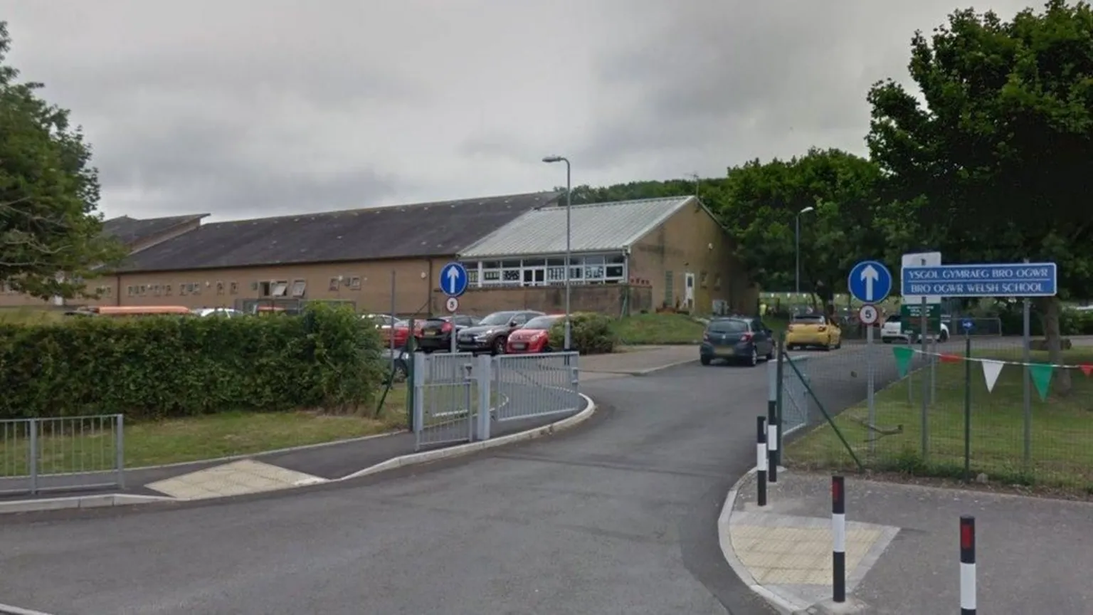 Google The entrance of the current school building in Bridgend, with the car park in front of it