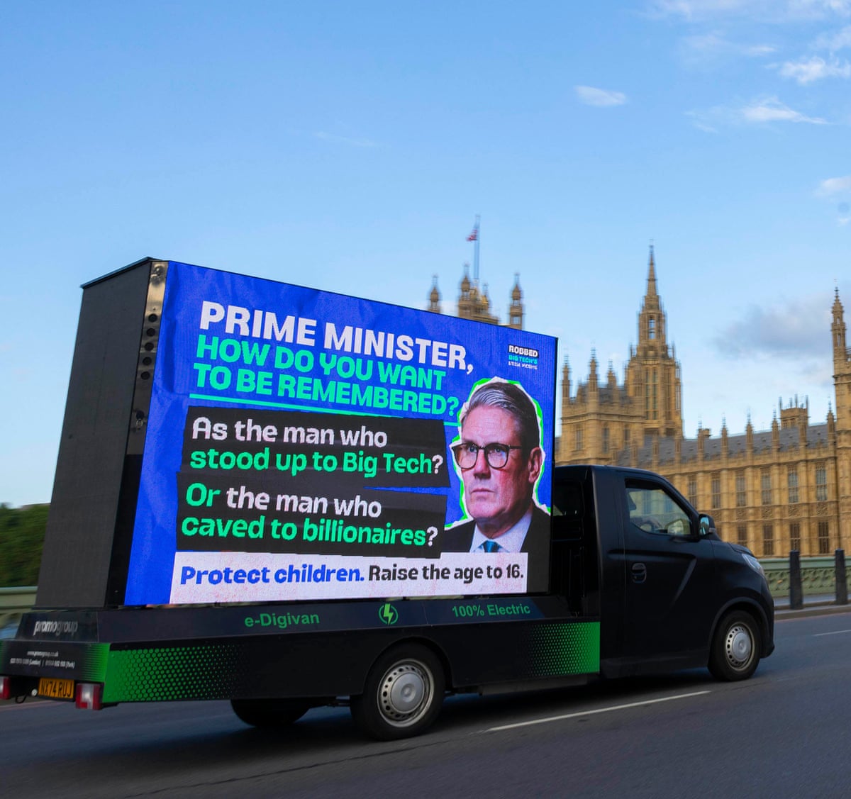 A mobile billboard on the back of a vehicle outside Houses of Parliament in London, displaying a message asking how Keir Starmer wants to be remembered and whether he will stand up to ‘Big Tech’