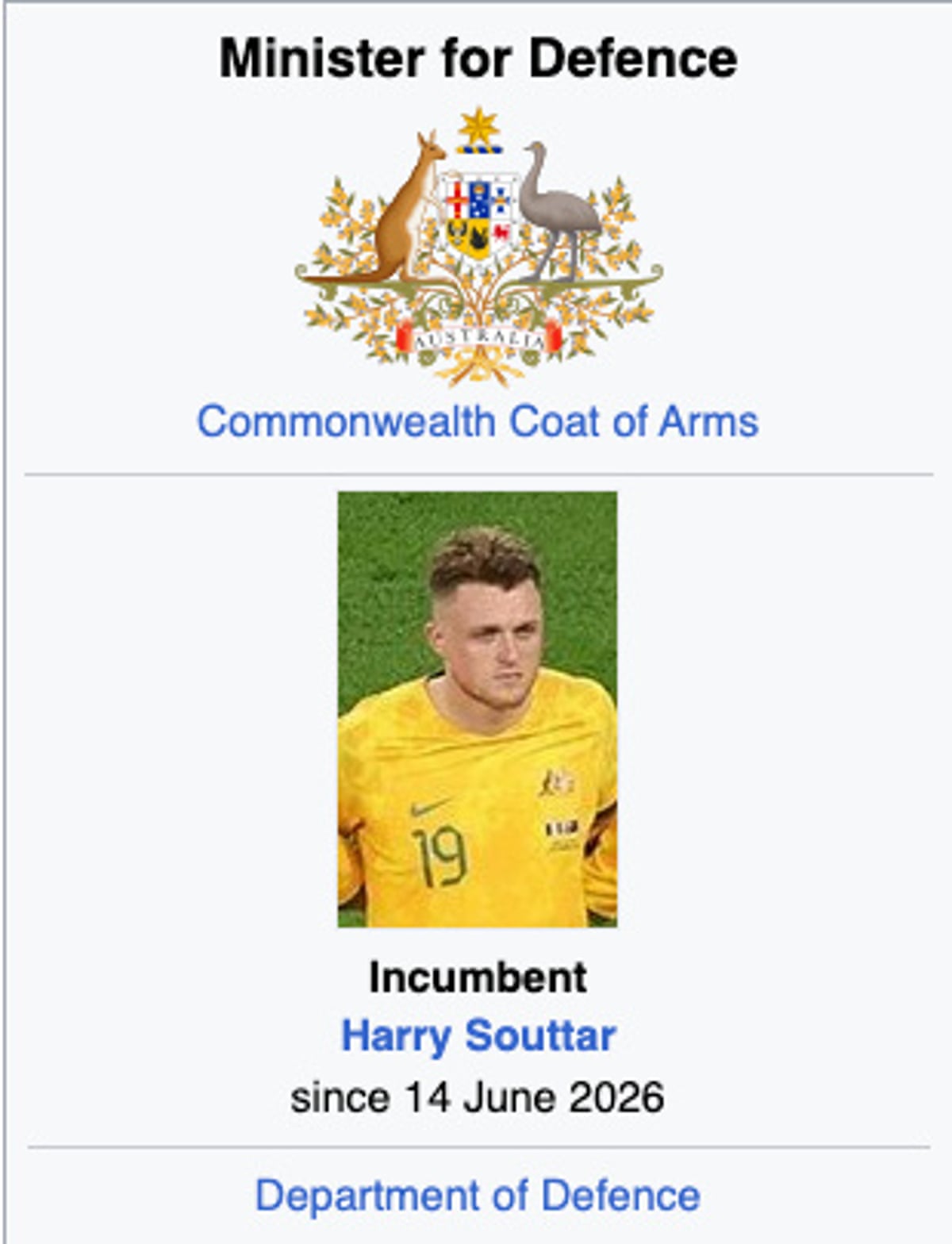 Screencap of a defaced Wikipedia page about Australia's Minister for Defence after the first Socceroos game of the 2026 World Cup with Australia winning against Türkiye, 2-1