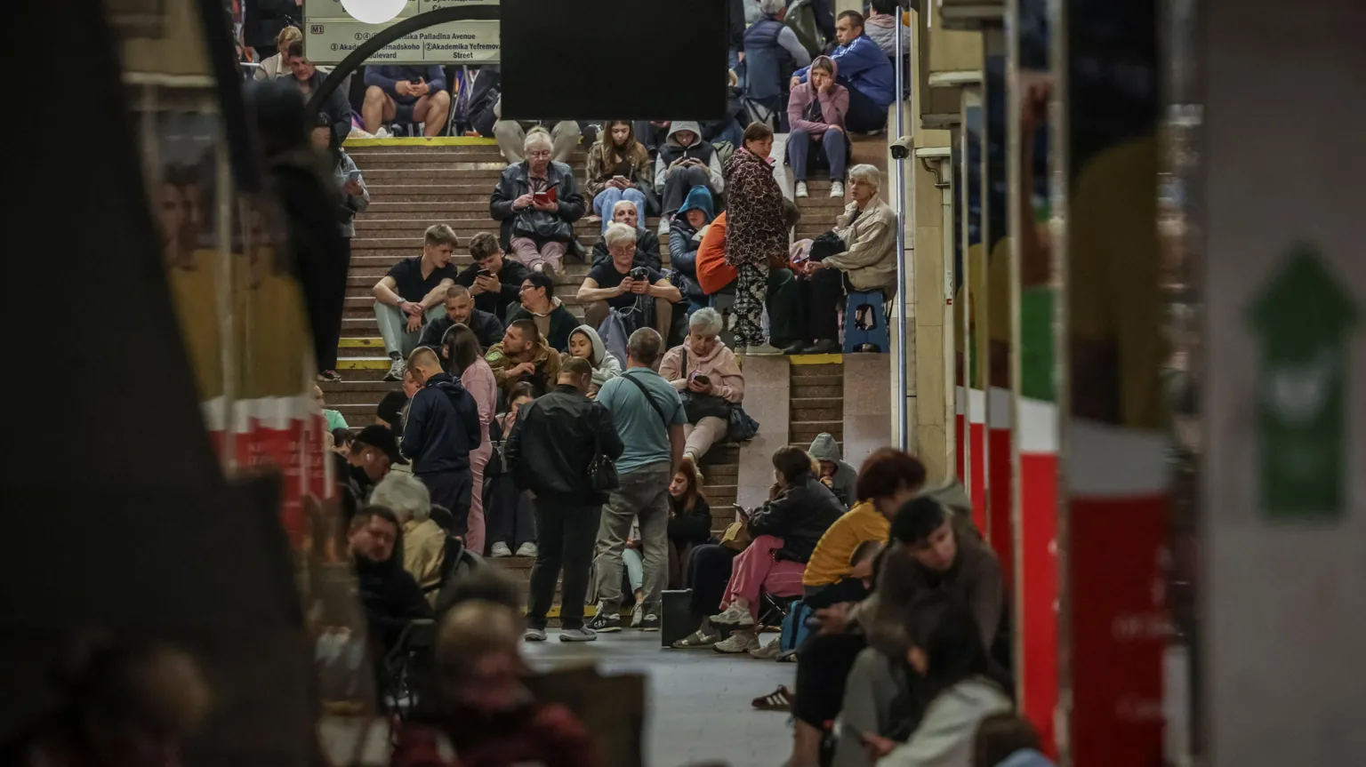 Kviy residents shelter from Russian strikes at an underground train station