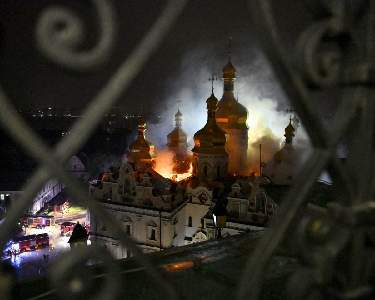 Smoke and fire rises from the Dormition Cathedral in the Orthodox complex of the Kyiv Pechersk Lavra following a Russian missile strike on the Ukrainian capital Kyiv.