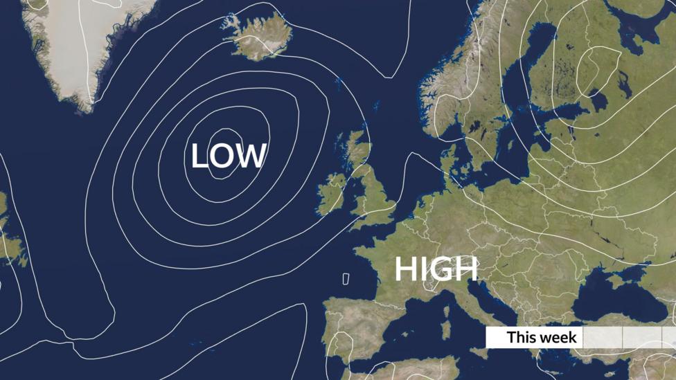 Weather chart for this week showing high pressure across central and southern Europe, and low pressure in the North Atlantic