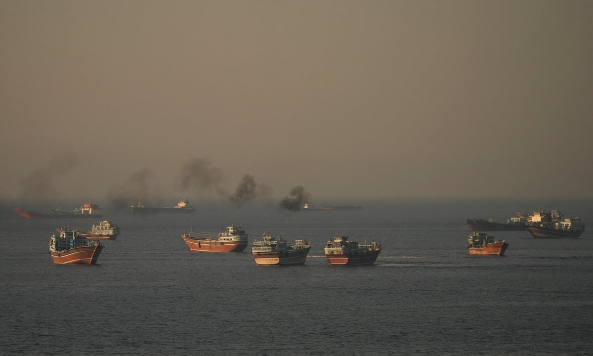 Vessels anchored in the strait of Hormuz, as seen from Musandam, Oman.