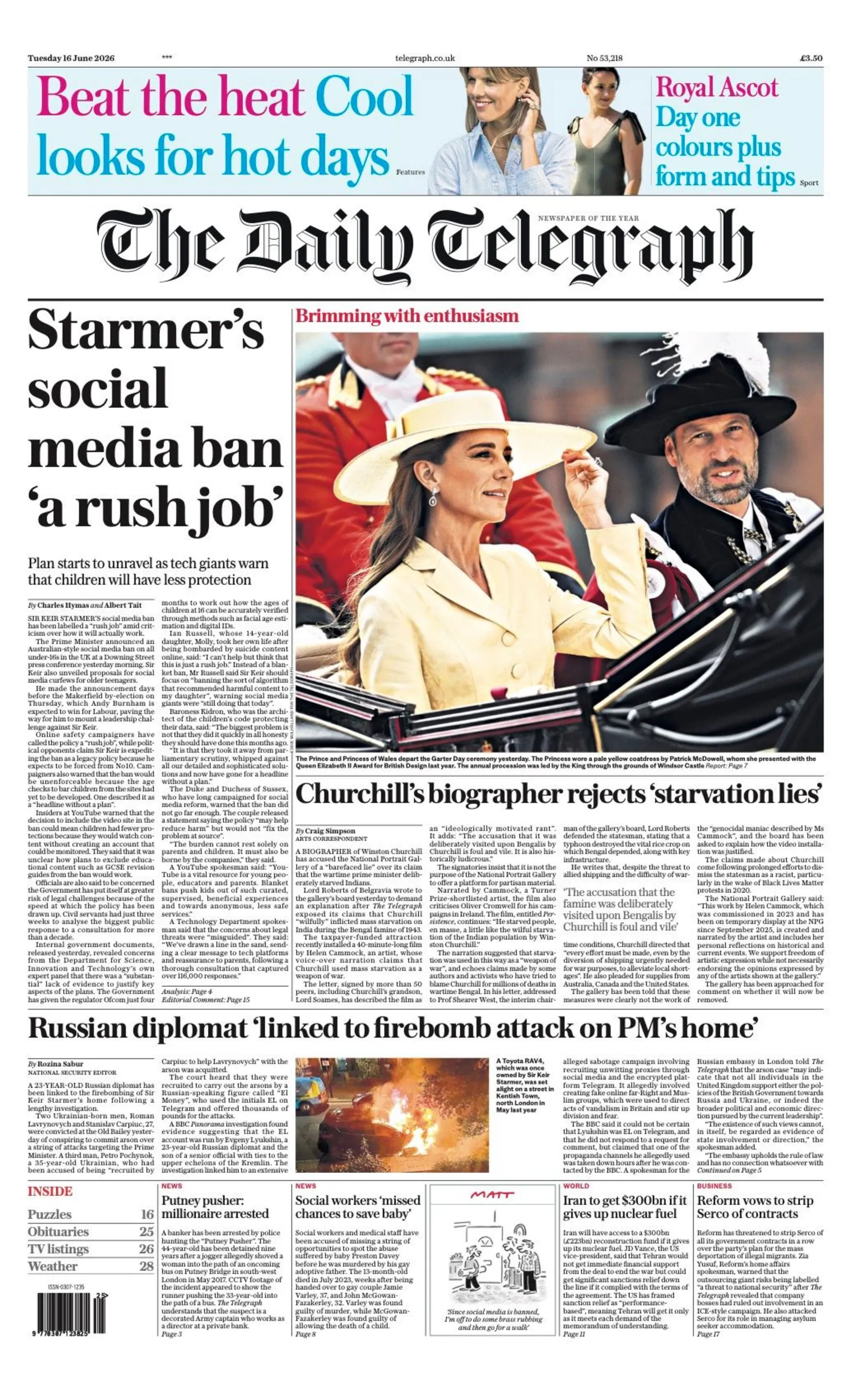 The headline on the front page of the Daily Telegraph reads: “Starmer's social media ban 'a rush job'”.