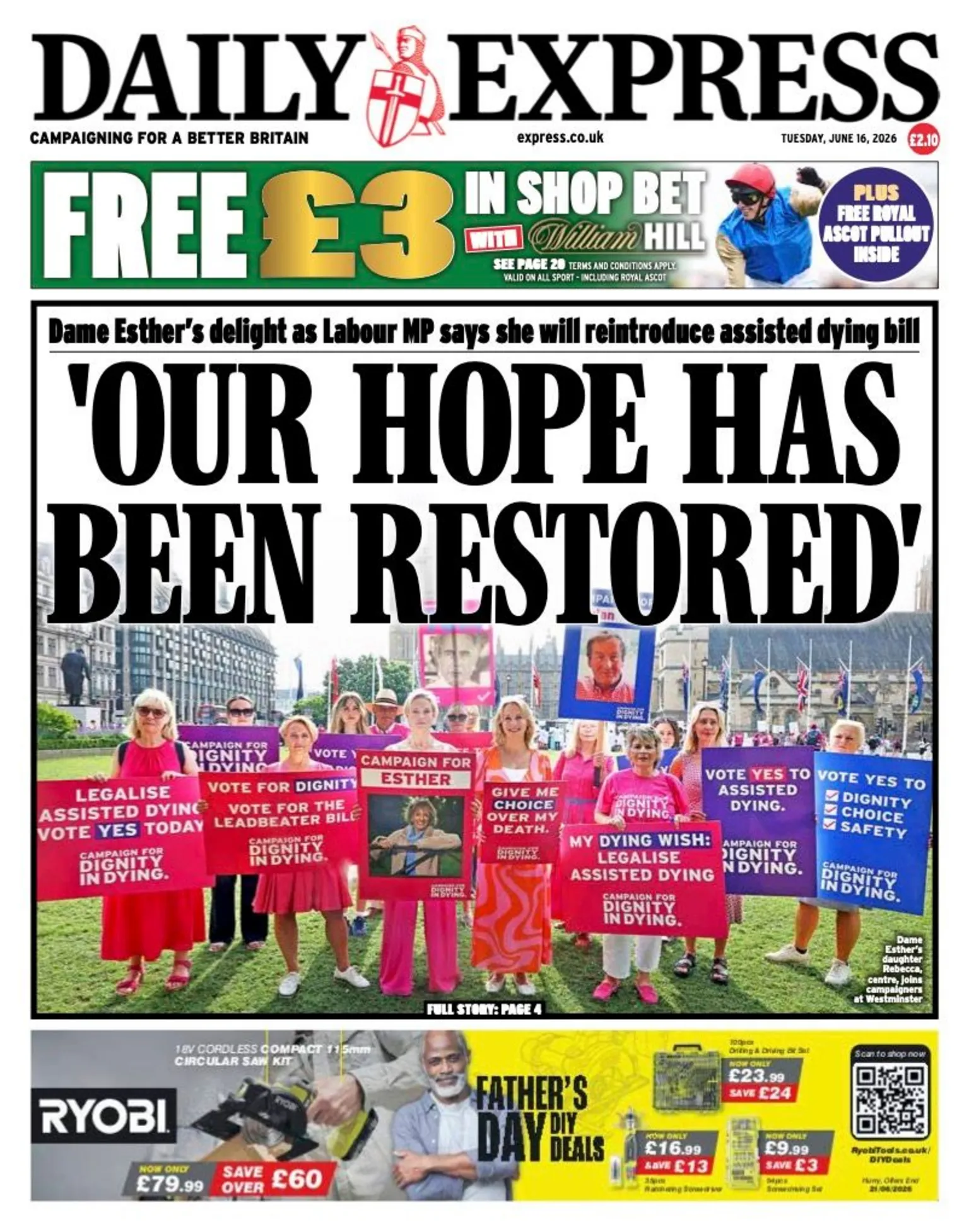 The headline on the front page of the Daily Express reads: “Our hope has been restored”.
