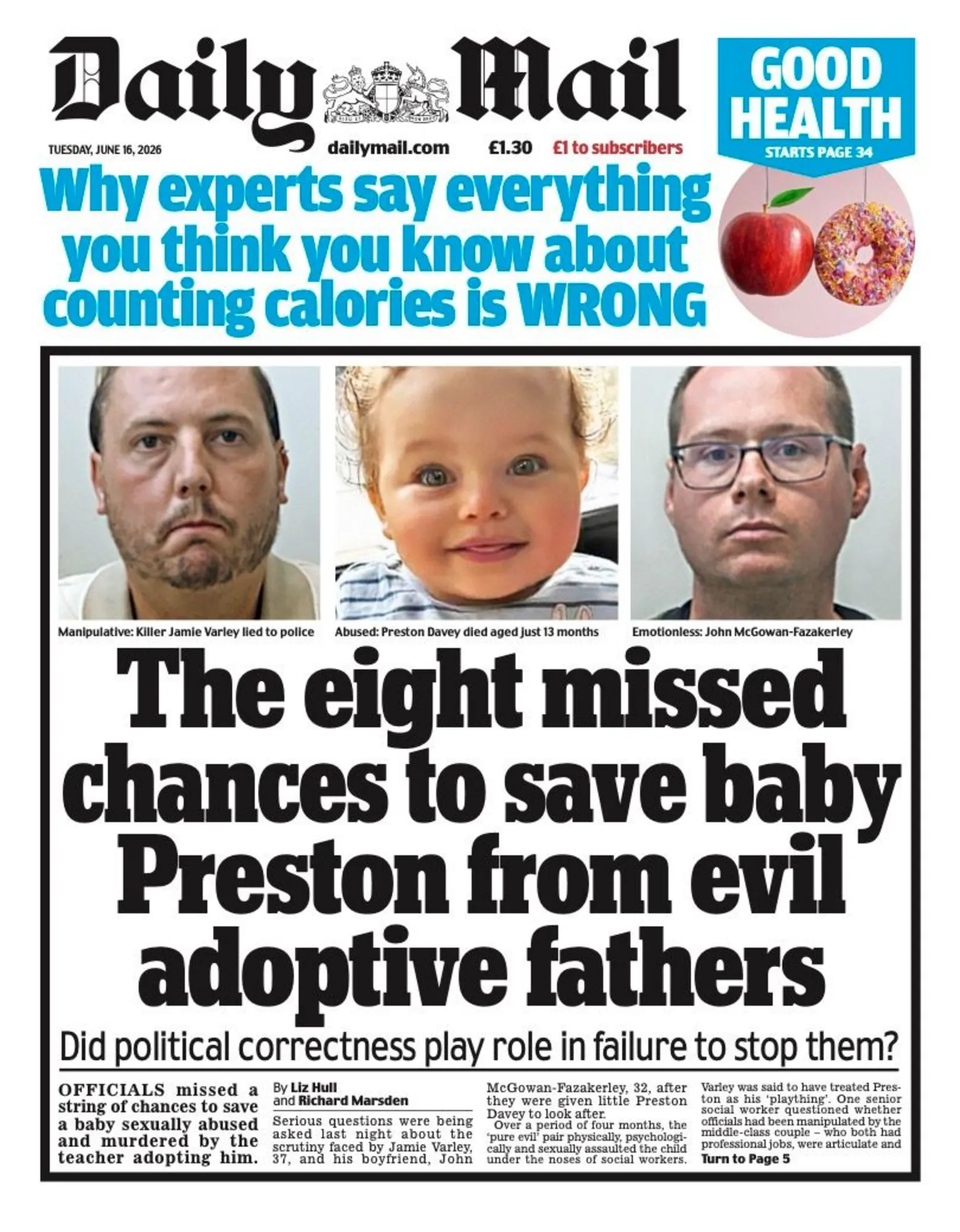 The headline on the front page of the Daily Mail reads: “The eight missed chances to save baby Preston from evil adoptive fathers”.