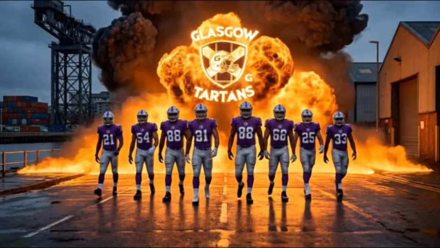 IAL A still from an AI generated video featuring the Glasgow Tartans - an American football team playing in purple and white, walking past the River Clyde as explosions go off. 