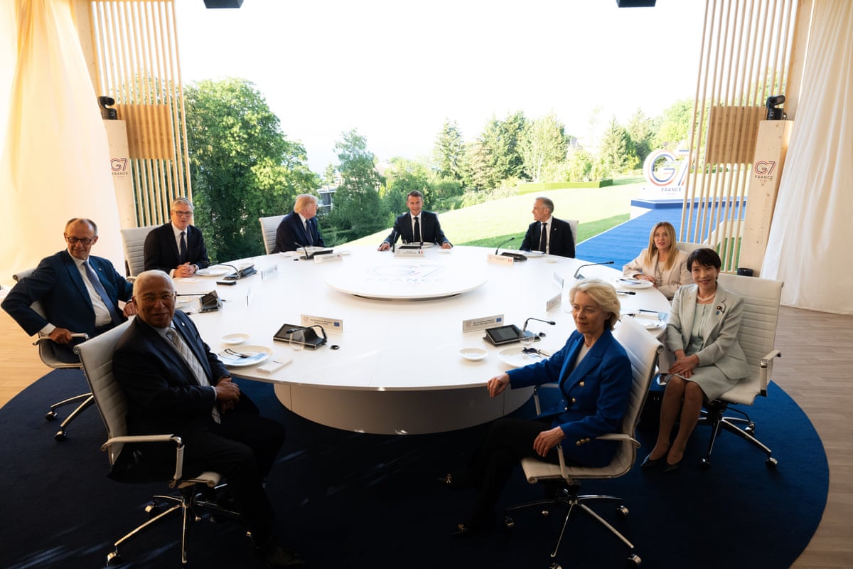 The G7 leaders at the summit: German chancellor Friedrich Merz, Keir Starmer, US president Donald Trump, French president Emmanuel Macron, Canadian PM Mark Carney, Italian PM Giorgia Meloni, Japanese PM Sanae Takaichi, European Commission president, Ursula von der Leyen, and European Council president Antonio Costa.