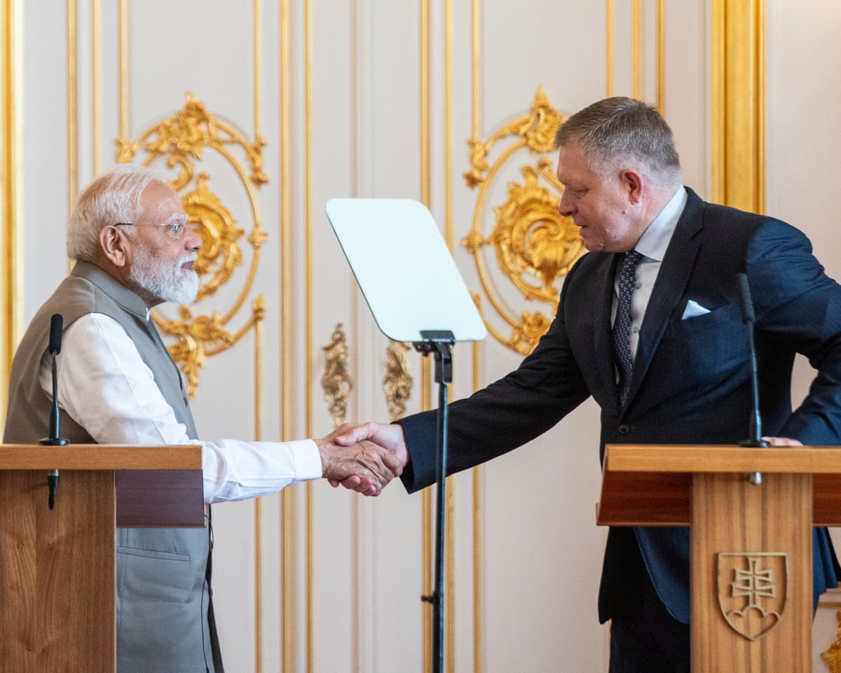 Slovak prime minister Robert Fico and Indian prime minister Narendra Modi shake hands during a press conference following their meeting at Bratislava Castle, Slovakia.