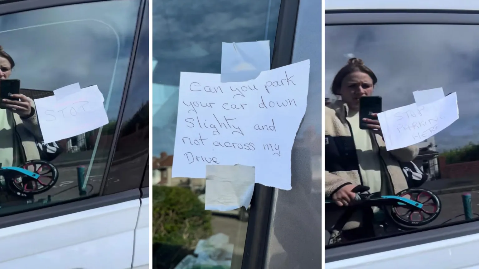 Astrid Cooper A composite image showing three handwritten notes taped to the window of Astrid Cooper's car. One says 