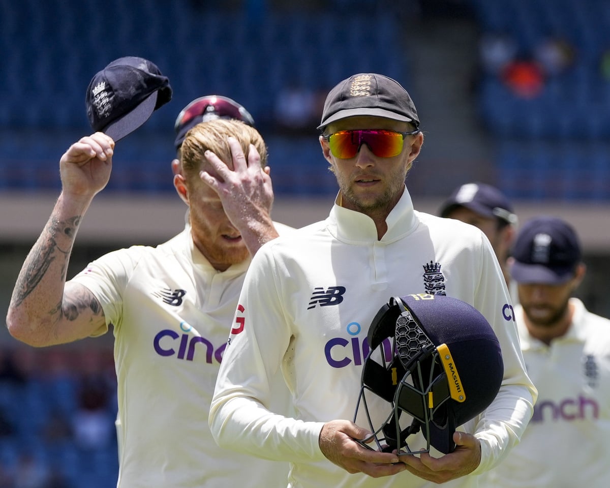 Joe Root, then-England men's Test captain, leads his team off at Grenada after losing the third Test, and with it the series, against the West Indies.