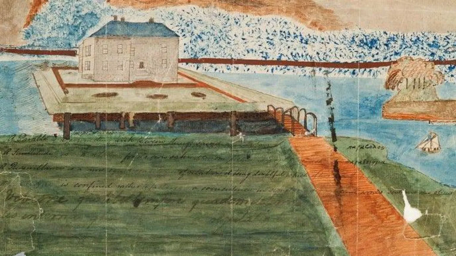 Crichton Archive Collection/ DGC Heritage Service A patient painting showling a building at the end of a pathway a boat sailing close to it