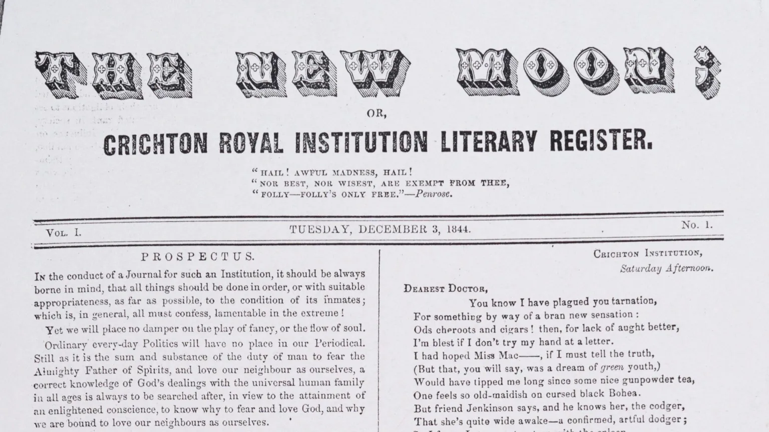 Crichton Archive Collection/ DGC Heritage Service A copy of the New Moon magazine which was written and published by patients