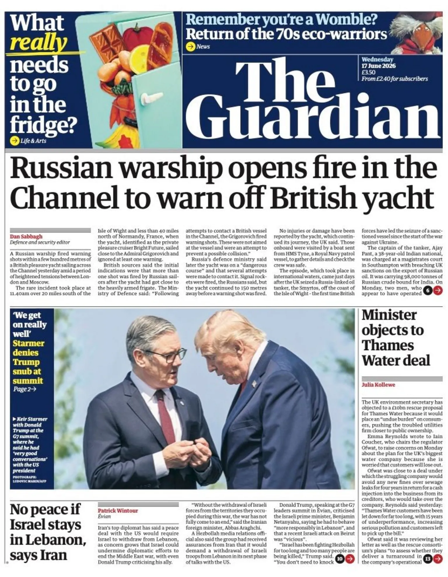 The headline on the front page of reads: “Russian warship opens fire in the Channel to warn off British yacht”.