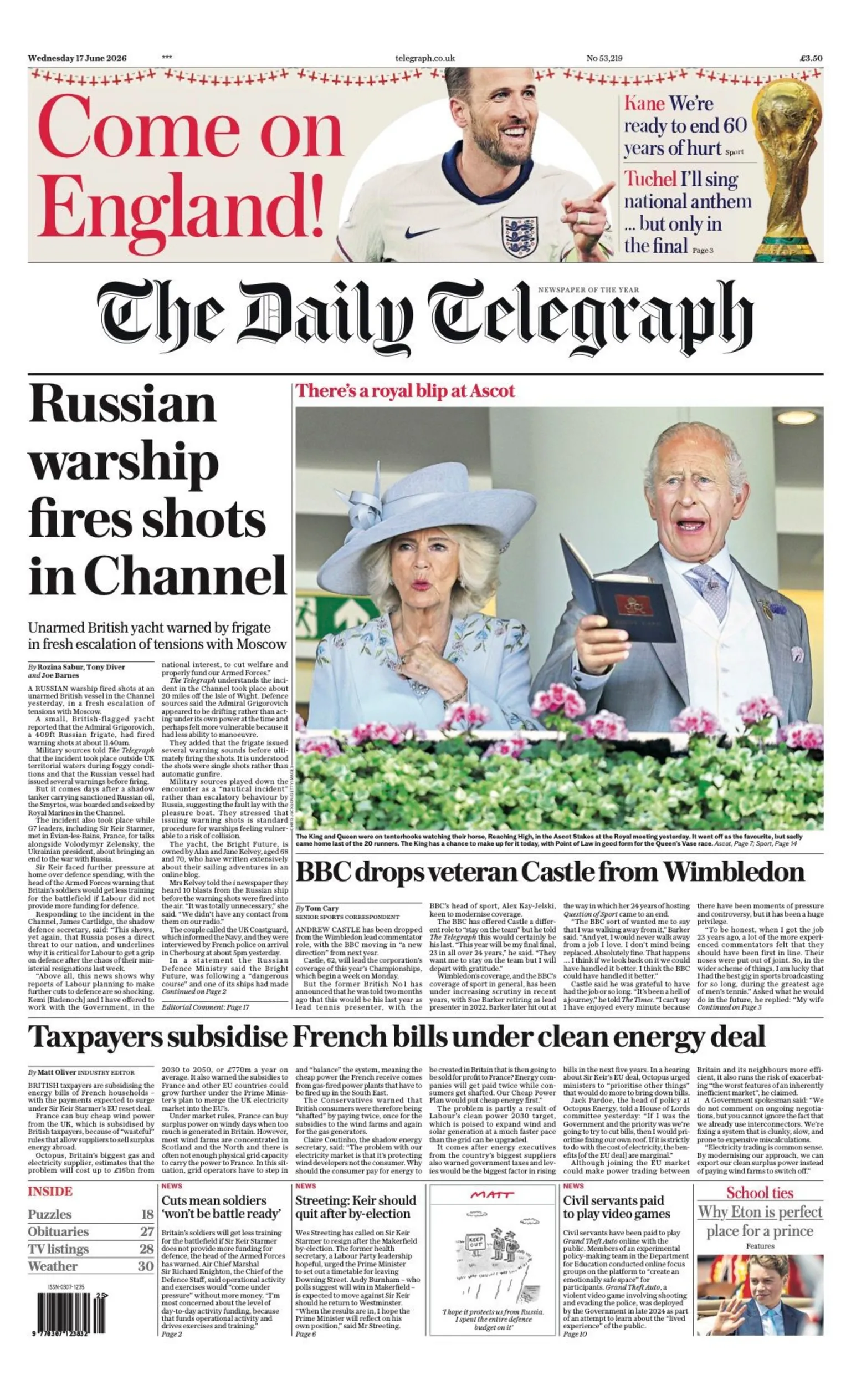 The headline on the front page of the Telegraph reads: