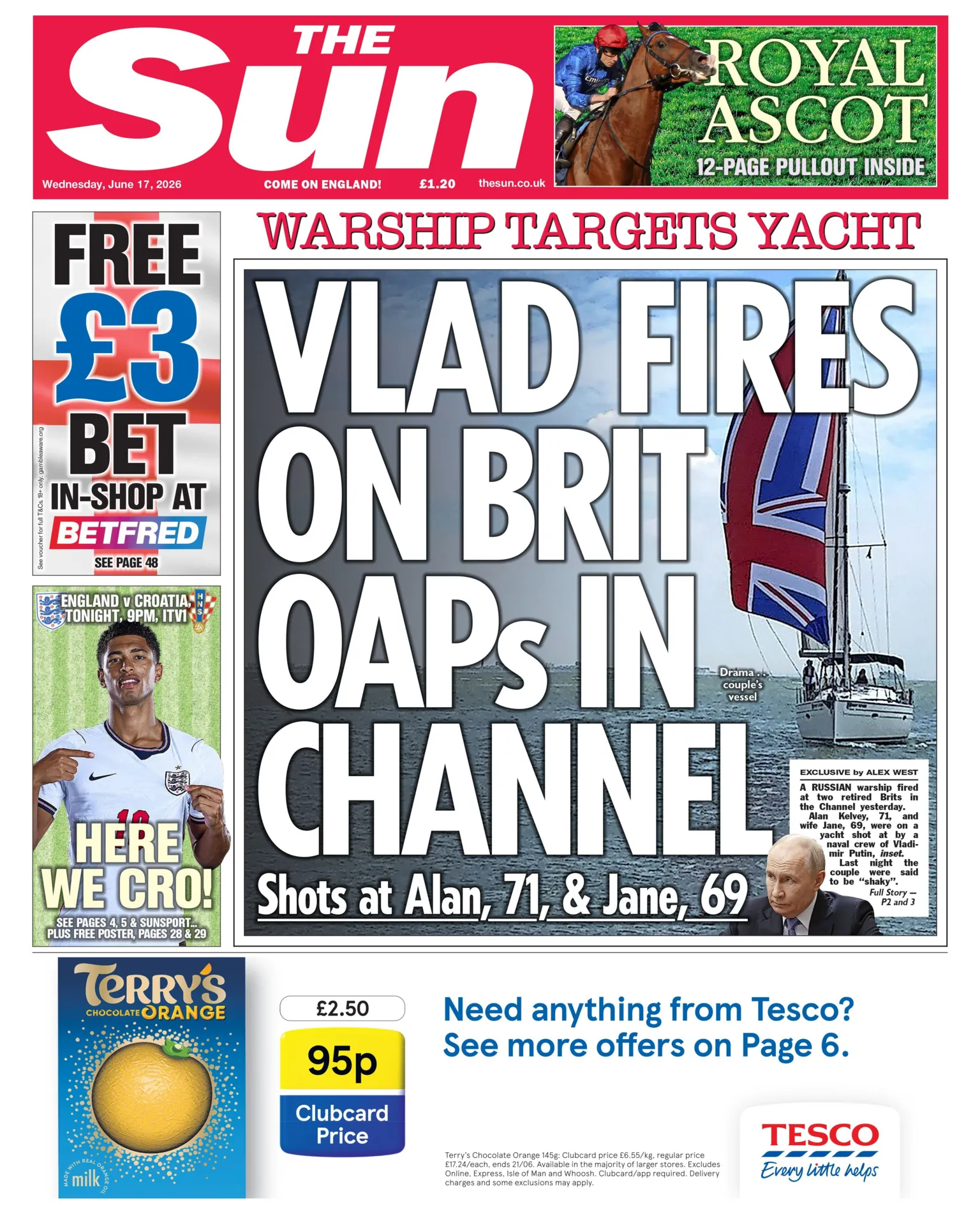The headline on the front page of the Sun reads: