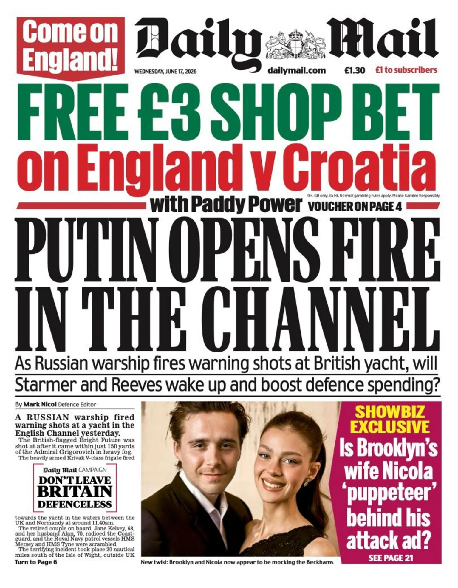 The headline on the front page of the Daily Mail reads: