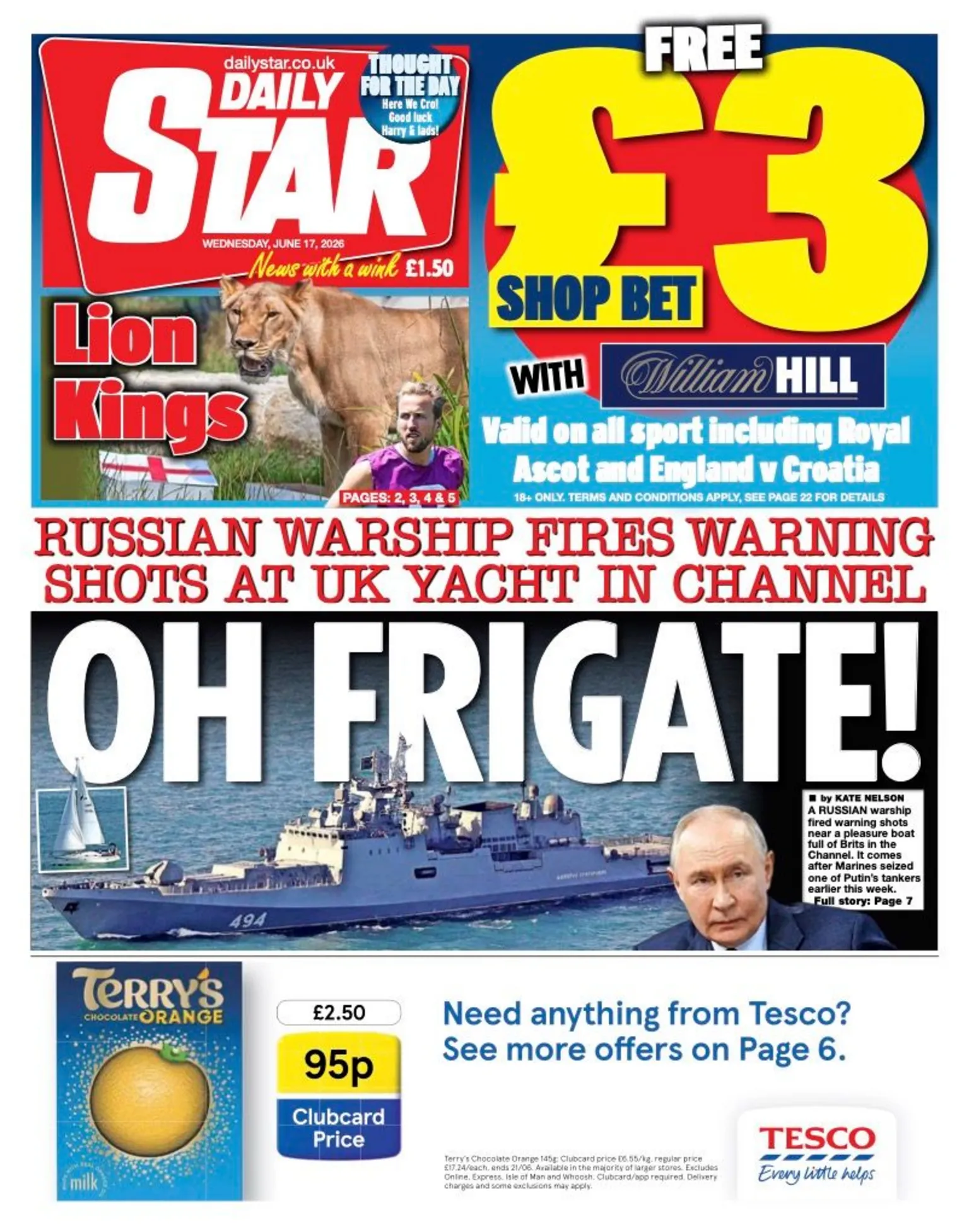 The headline on the front page of the Daily Star reads: