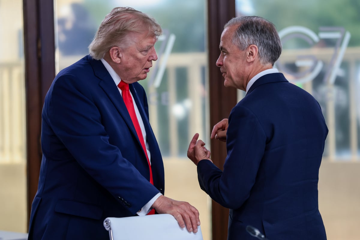 Canadian prime minister Mark Carney speaking with US president Donald Trump at the G7 summit in Evian-les-Bains, France.