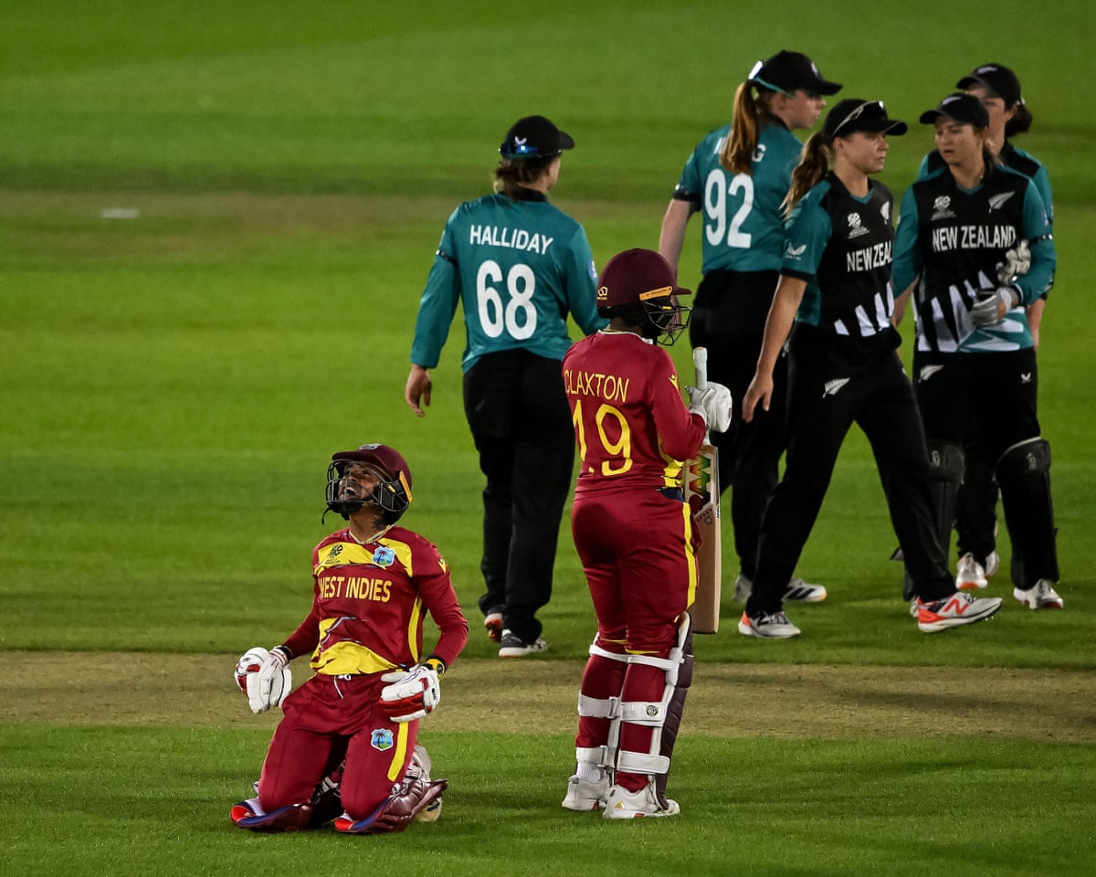 Shemaine Campbelle of West Indies drops to her knees in front of a disheartened New Zealand as she finishes on 90 not out after securing the victory against New Zealand during the Women’s T20 World Cup match between West Indies and New Zealand