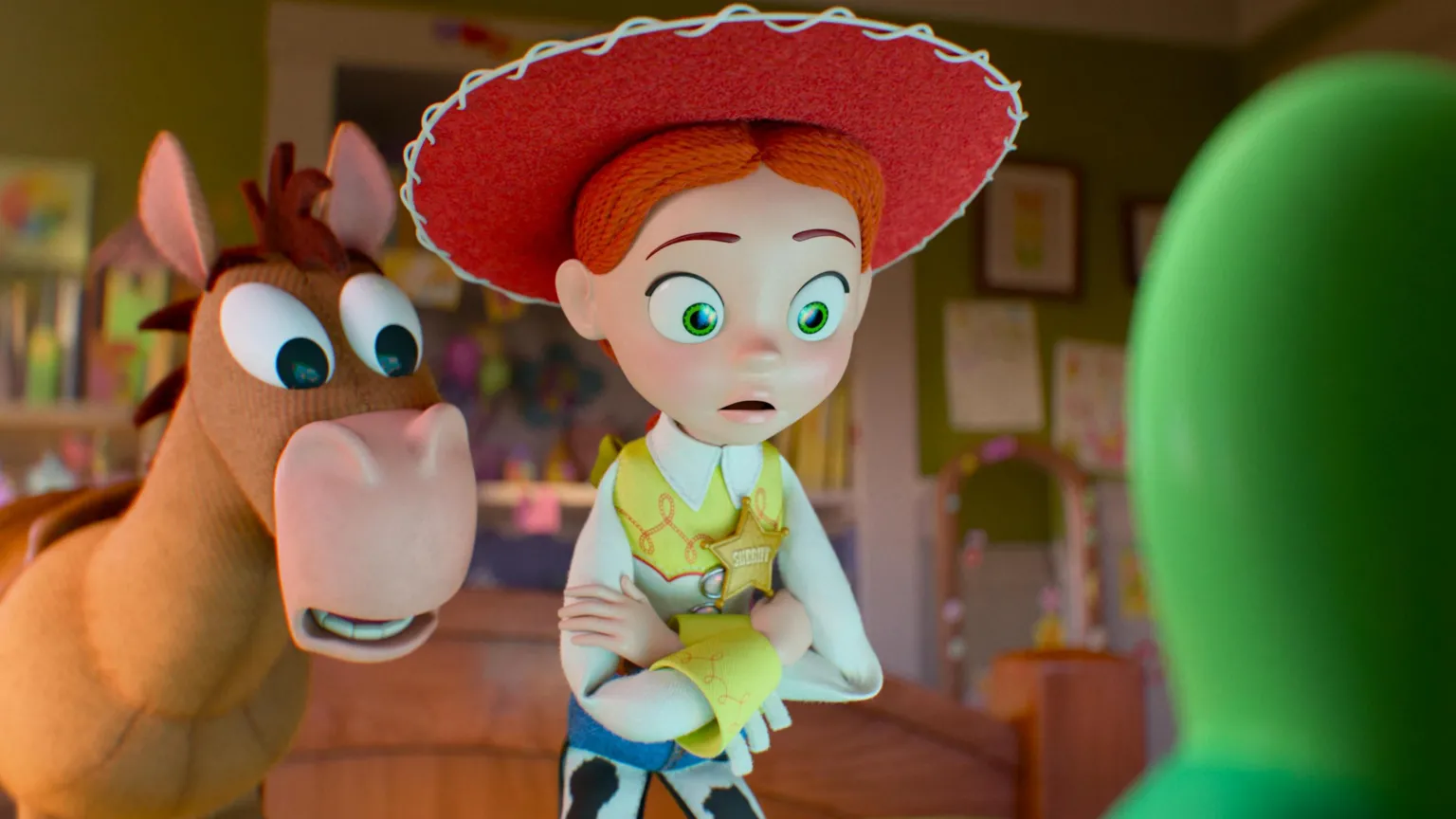 Disney Jessie and Bullseye looking at a green tablet screen in Toy Story 5