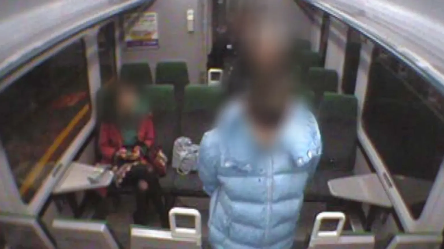 Avon and Somerset Police A teenager is pictured wearing a light blue coat with his arms behind his back. Behind him are rows of train seats in a train carriage. There is a woman sitting down, looking up at him.