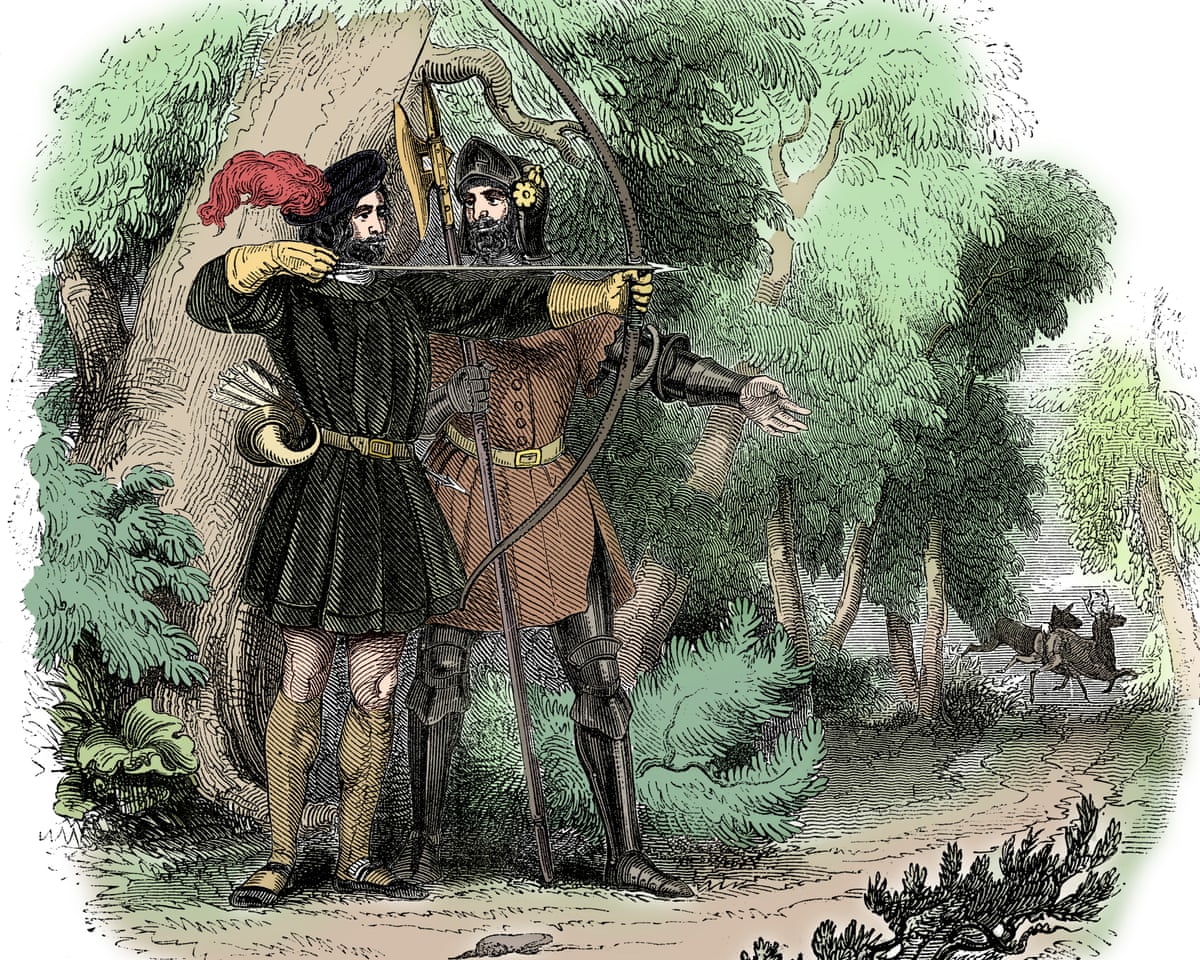 An illustration of Robin Hood and Little John with a bow and arrow in front of a large oak tree.