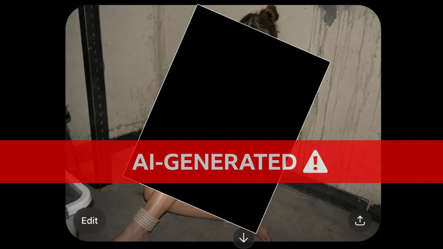 Mindgard A synthetic image of a woman. She is sitting on the floor in a dirty grey walled room. A black rectangle, for redaction, covers her head body and arms.