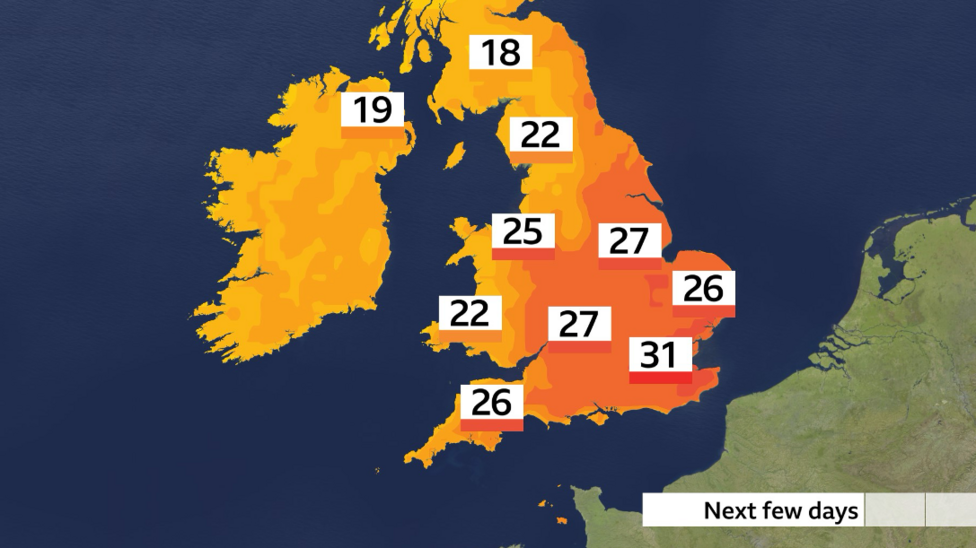 BBC weather graphic showing temperatures over the next few days from 18 or 19 degrees in southern Scotland and Northern Ireland up to 31 degrees in south-east England.