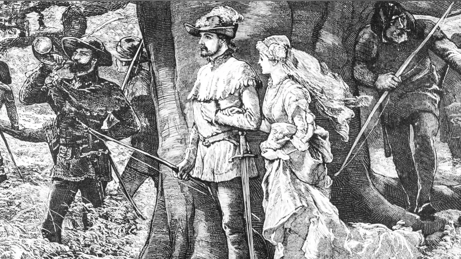  A depiction of Robin Hood and Maid Marian getting married in Sherwood Forest from an1886 antique book
