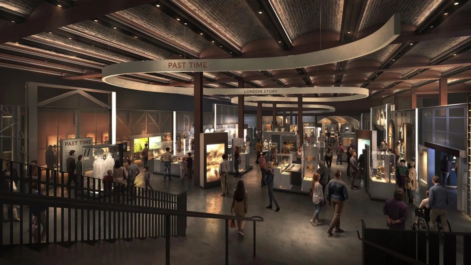 Secchi Smith A spacious museum exhibit hall with Secchi display cases, informational signs, and visitors walking and viewing exhibits under curved ceiling lights. Signage reads