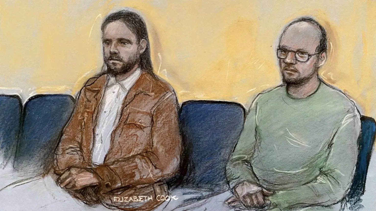 Elizabeth Cook A court artist's sketch of Jamie Varley (left), and John McGowan-Fazakerley, the former wearing a white shirt and brown jacket and the latter wearing a light green jumper