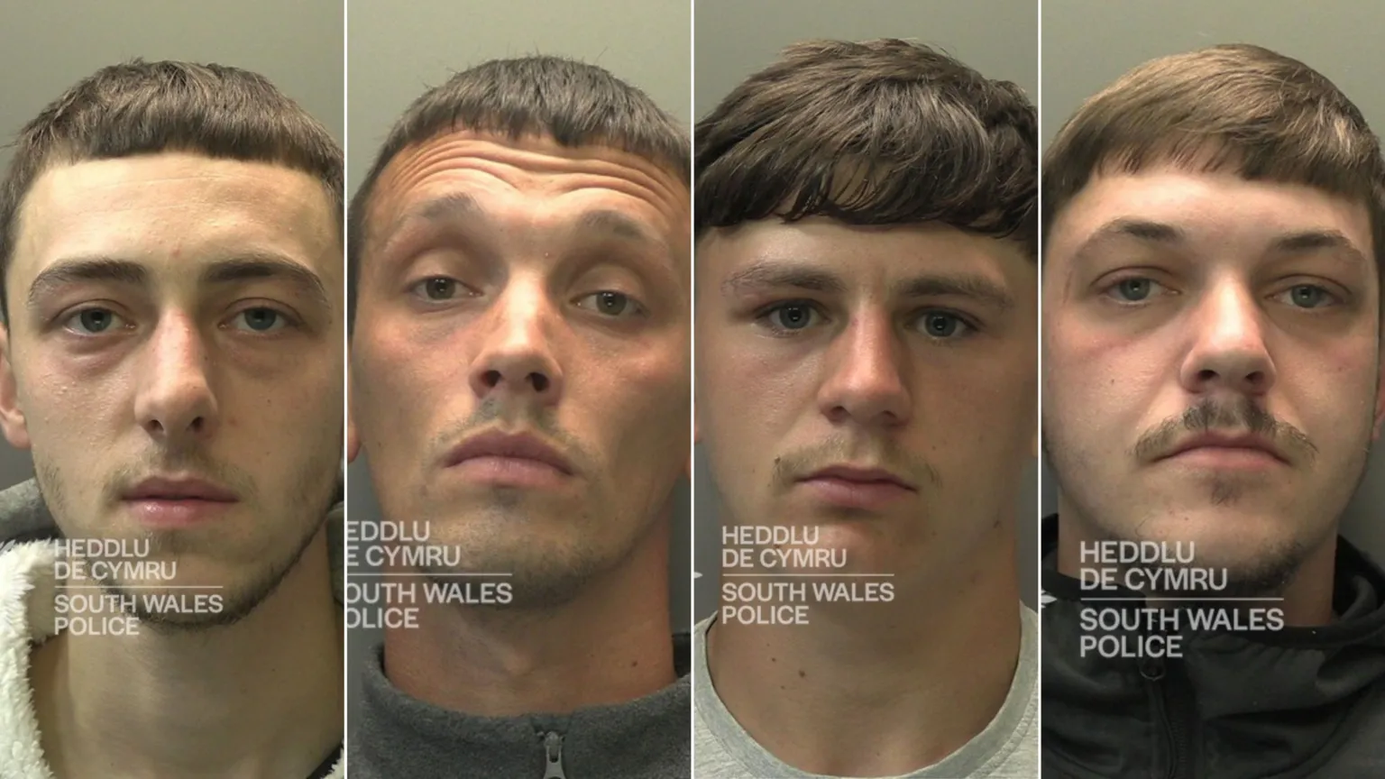 South Wales Police A composite image of custody photos for four men, all looking straight at the camera. They all have short brown hair and short stubble.