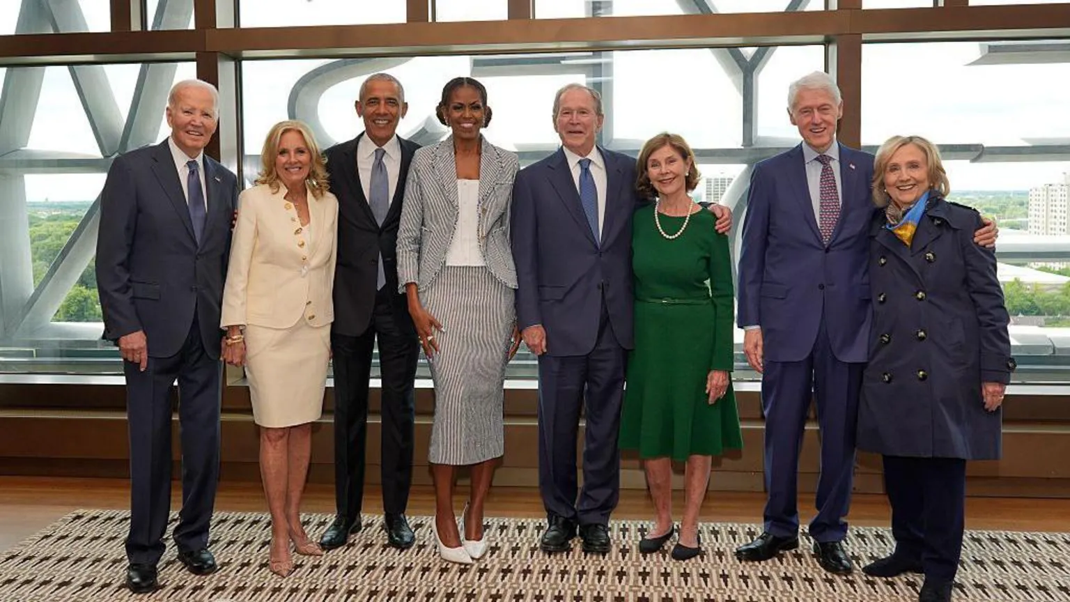Former President Joe Biden and former first lady Jill Biden, from left, former President Barack Obama and former first lady Michelle Obama, former President George W. Bush and former first lady Laura Bush, and former President Bill Clinton and former Secretary of State Hillary Clinton pose ahead of the dedication ceremony for the opening of the Barack Obama Presidential Center, in John Lewis Plaza, on June 18, 2026 in Chicago, Illinois. Barack Obama served as the 44th president of the United States from 2009 to 2017 and was the first African American to hold the office.