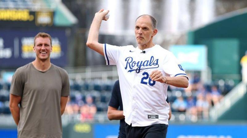 England boss Thomas Tuchel throws the first pitch as the England team attend the Major League Baseball fixture between Kansas City Royals and St Louis Cardinals