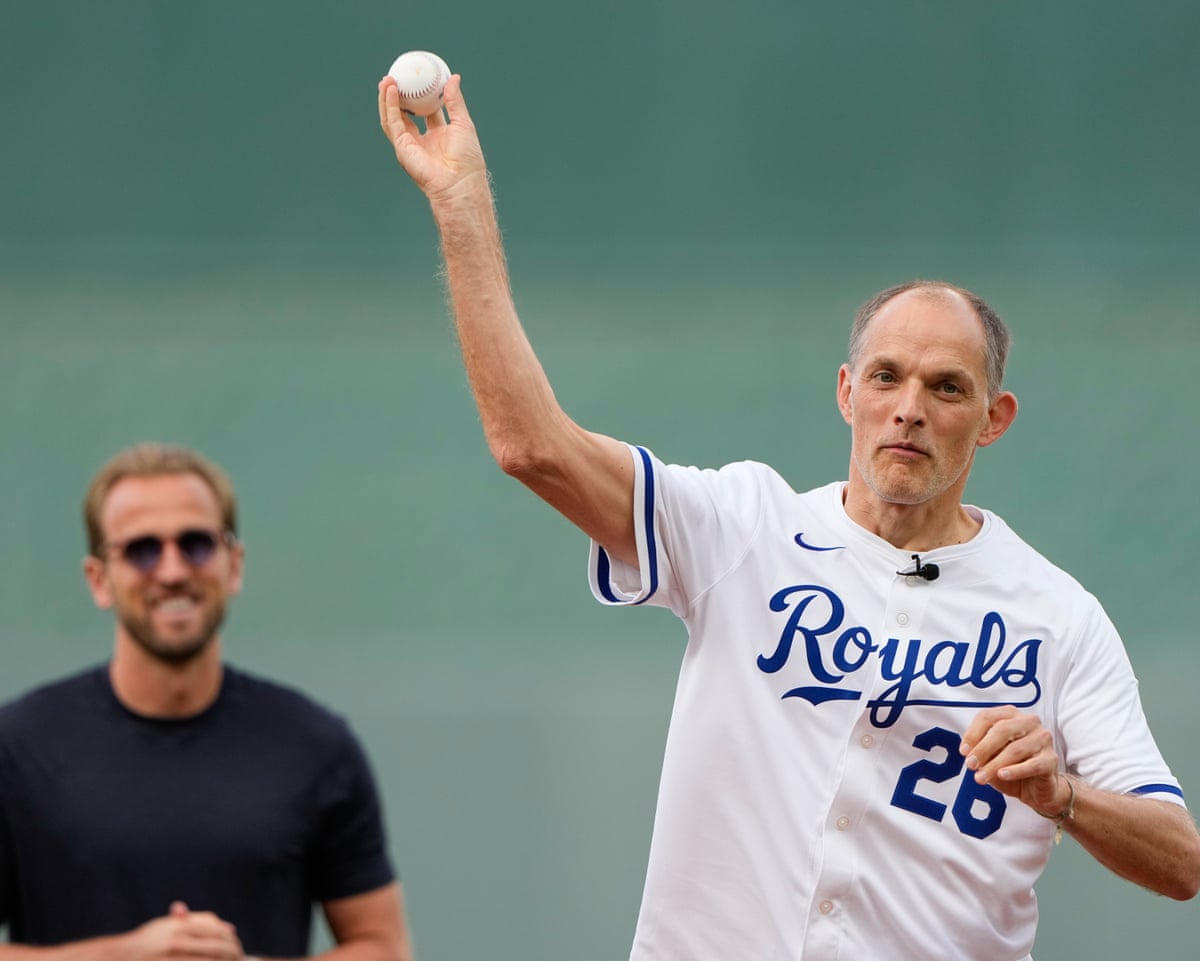 Thomas Tuchel throws the first pitch with Harry Kane watching on.