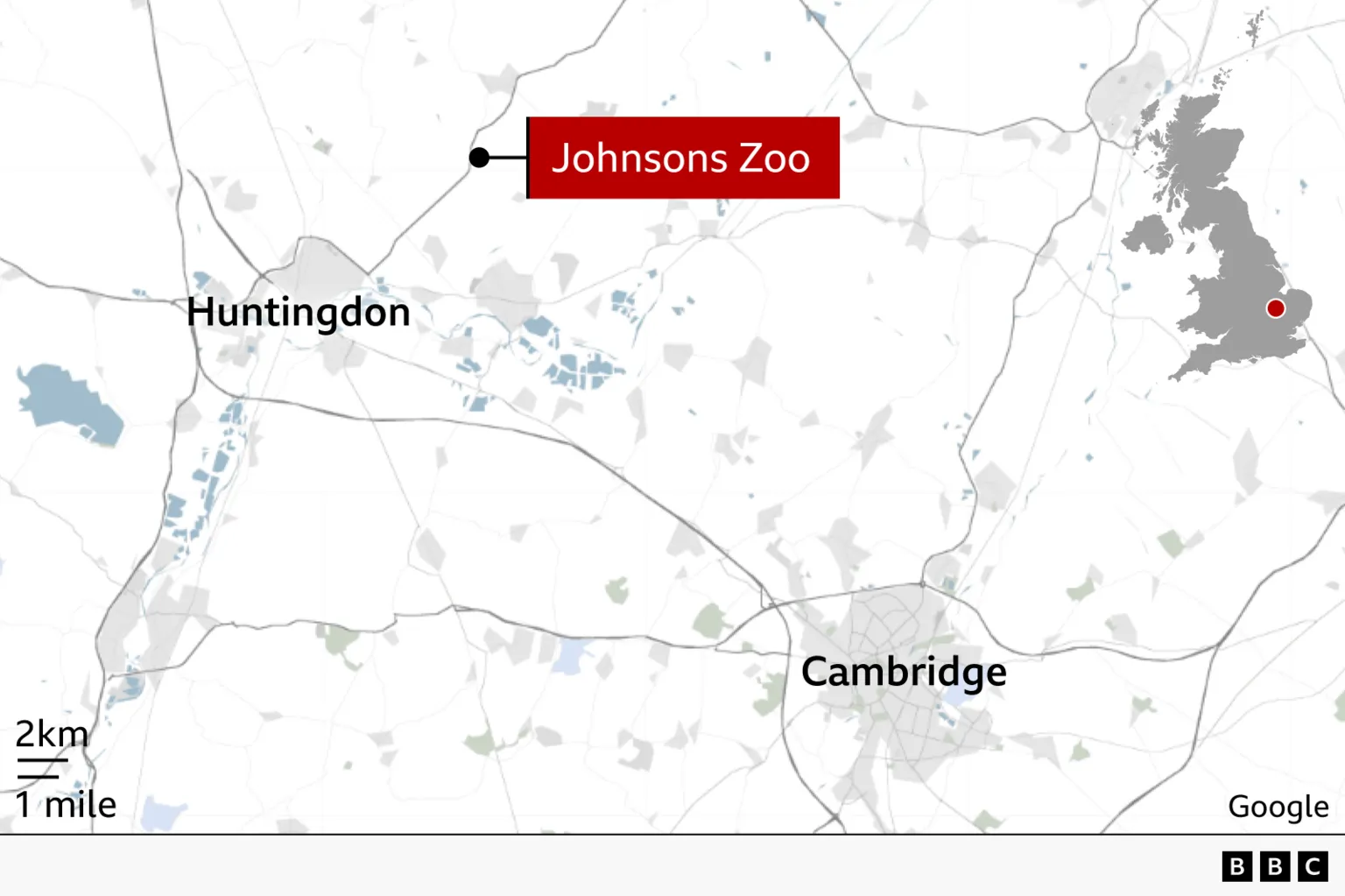Map of eastern England showing the location of Johnsons Zoo near Huntingdon, north-west of Cambridge. A red label marks the site, with nearby towns including Huntingdon and Cambridge labelled. Major roads and waterways are shown and an inset map highlights the location within the UK.