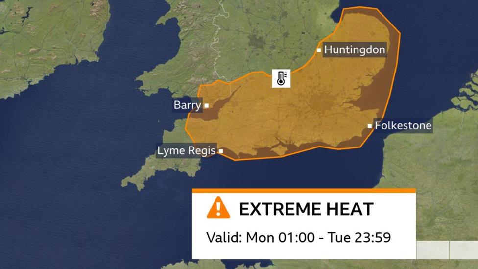 A weather map showing the area covered by an amber warning for Extreme Heat - stretching from East Anglia and southern England into the south Midlands and south Wales