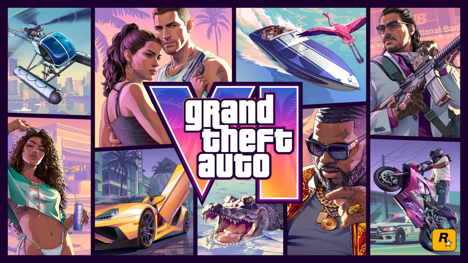Rockstar Games The cover art for GTA 6, showing the words Grand Theft Auto and the roman numberals VI in purple and orange. Behind it are characters from the game in a pop-art style plus a yellow car, a alligator, a flamingo and a helicopter in different panels.