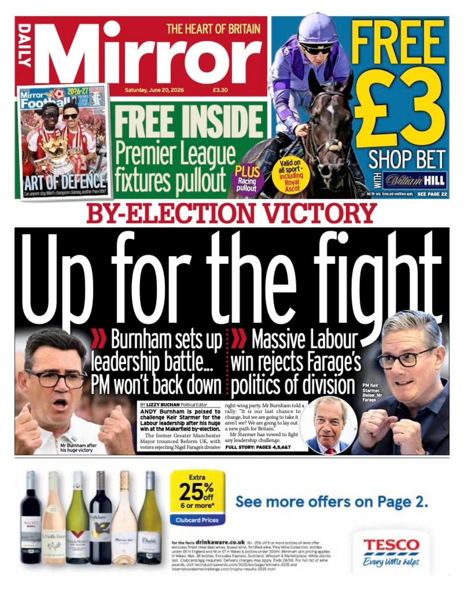 The headline on the front page of the Daily Mirror reads: